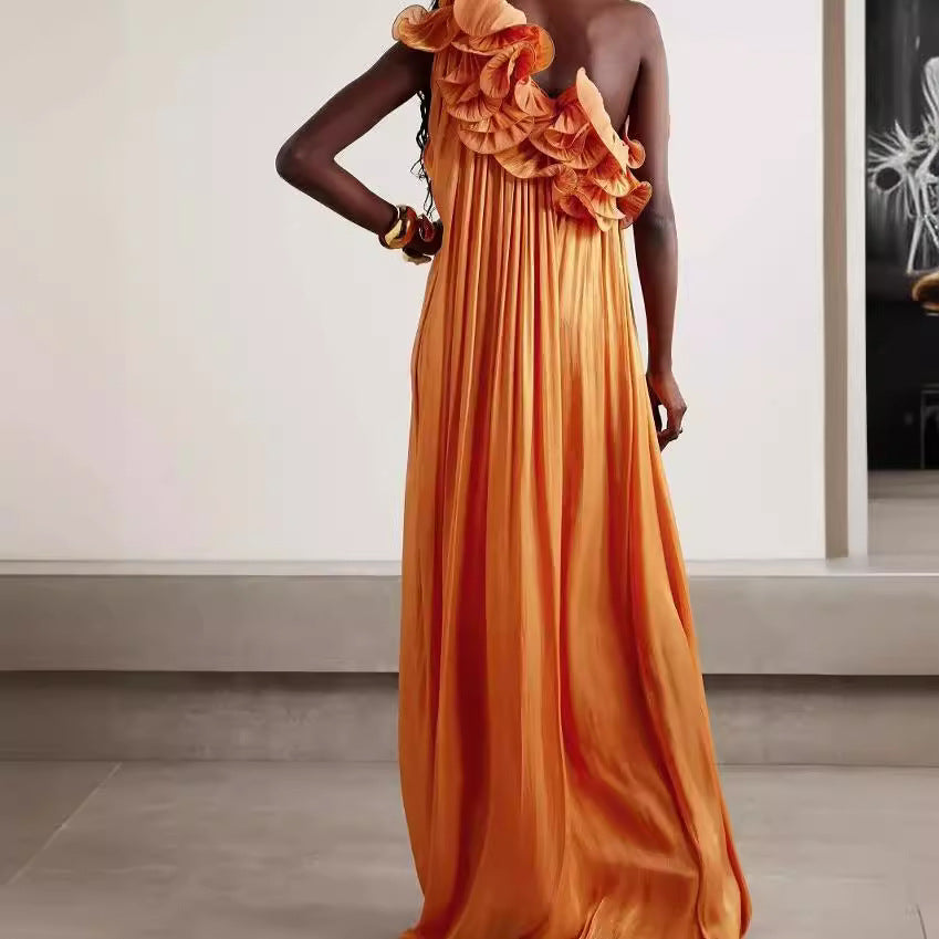 FLOWERSVERSE 2025  new women's clothing 2025 trade flower printing pleated off-the-shoulder splicing 2025 backless summer popular dress