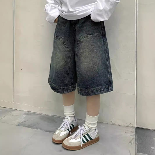 flowersverse Cross-Border HOTan and NEWn Style Retro Washed Niche Denim Shorts Men and Women Straight Wide Leg Distressed Casual Cropped Pants Women