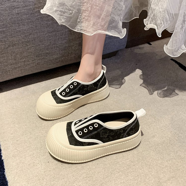 flowersverseNew Chinese Style Canvas Shoes for Women Slip-on  Summer New Ugly and Cute Big Head Platform White Shoes All-Matching Sneakers