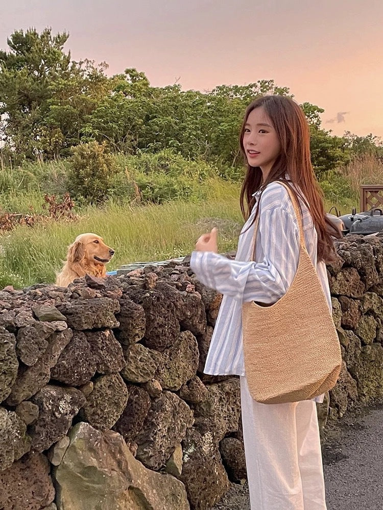 FLOWERSVERSE  Raffia Hand-Woven Bag Ins  Retro One-Shoulder Hand Straw Bag Vacation Beach Bag Women