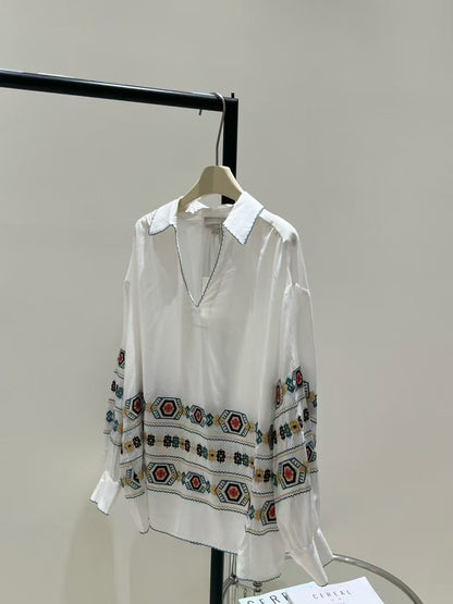 2025 Elegant ethnic style! Niche retro pattern embroidery edging cotton skirt + shirt top set