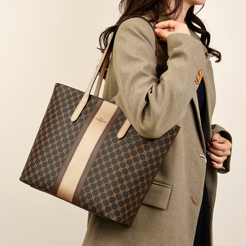 2025 Tote bag  retro big bag fashion printing simple shoulder bag large capacity high sense contrasting color women's bag