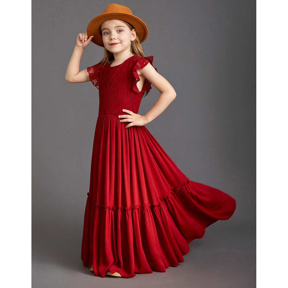 flowersverse New Children's Clothing Girls' Dress Children's Wedding Lace Long Dress Middle and Big Children Host Costume for Piano Performance