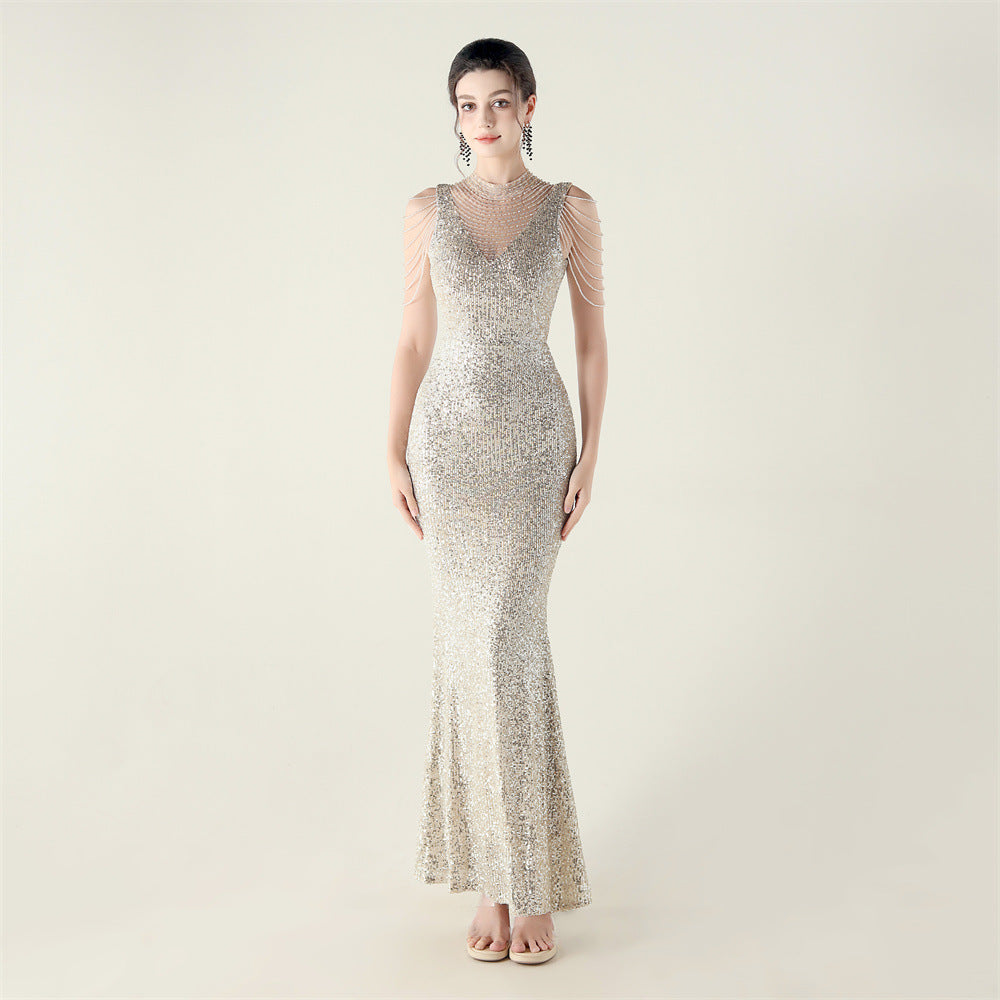 33553 # new turtleneck fishtail evening dress, beaded embroidered sequined crystal diamond decoration, red carpet wedding banquet dress