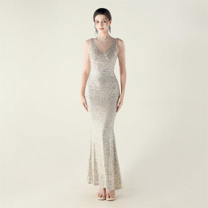 33553 # new turtleneck fishtail evening dress, beaded embroidered sequined crystal diamond decoration, red carpet wedding banquet dress