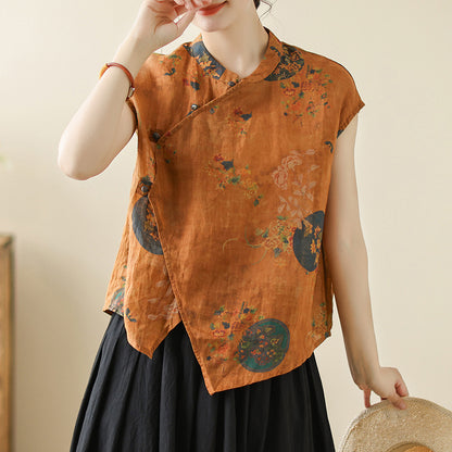 Cotton and linen new Chinese-style diagonal placket-button sleeveless shirt  summer national style printing retro literary temperament top women