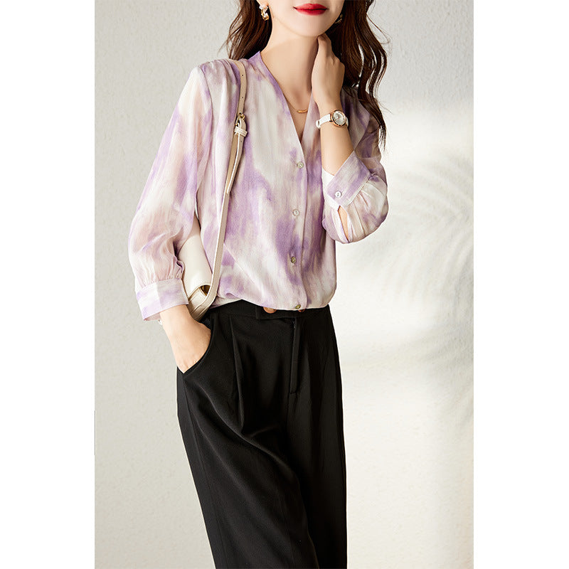 2025 Purple  silk shirt V-neck heavy double-layer mulberry silk shirt  summer women's printed top