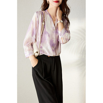 2025 Purple  silk shirt V-neck heavy double-layer mulberry silk shirt  summer women's printed top