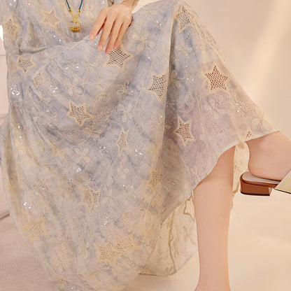 National style high-end  summer vacation gentle wind long dress women's loose star embroidery splicing dress N3099