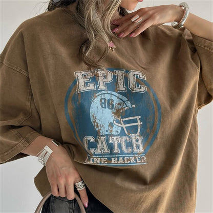 high street trend fashion old wash water printing T-shirt versatile seven-quarter sleeve top loose oversize women