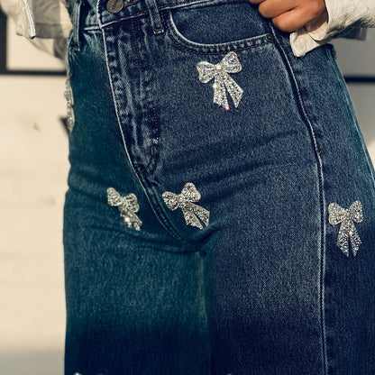 New bow hot diamond design sense slightly pull jeans high waist and thin street style casual trousers