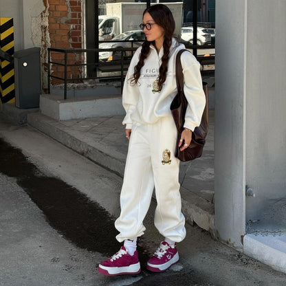 Popularan beautiful women's fashion letter medal embroidered sweater fashion sports and leisure two-piece set women's white simple trousers