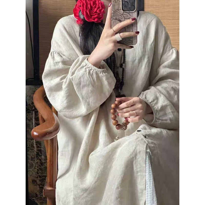 spring and summer new literary and retro loose age reduction casual style medium and long solid color temperament cardigan dress