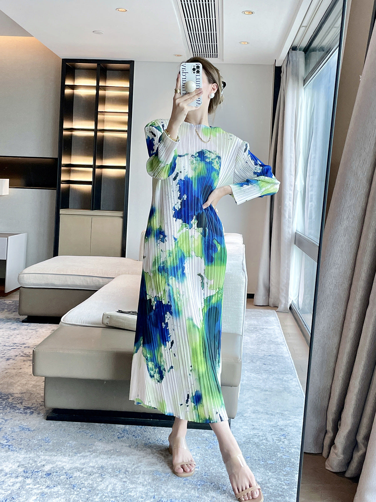 Miyake  autumn new ink abstract printing retro pleated dress femininity elegant and thin dress