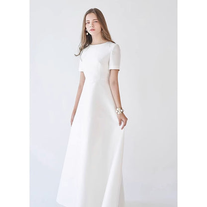 2025 satin minimalist light wedding dress short sleeve zipper crew neck daily certificate outdoor travel photography slim satin dress