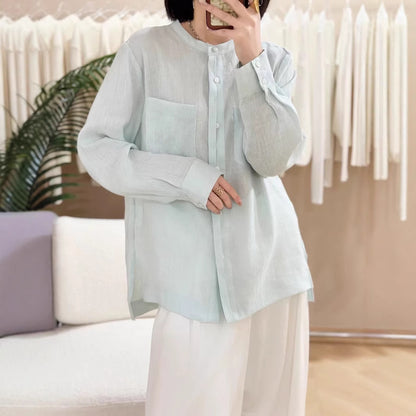 2025 Stylish casual light breathable premium linen top new solid color round neck single-breasted loose long-sleeved shirt women