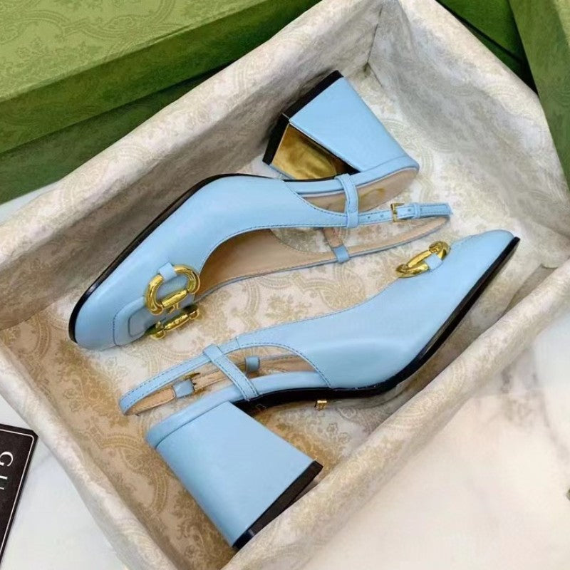 flowersverse  Pure Original G High Heels Horsebit Buckle Genuine Leather Retro Slip-on Square Toe Chunky Heel Closed Toe Strap Slingback Sandals Women