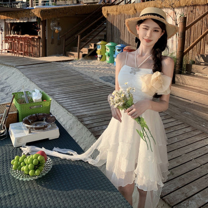 2025 Vacation style  chic pleated suspender skirt girl irregular streamer ruffle edge fairy tutu birthday dress