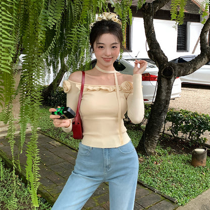 2025 Thirteen Lines  Spring New One-Neck Three-dimensional Flower ins Slim-fit Knitted Sweater Sweater 25208