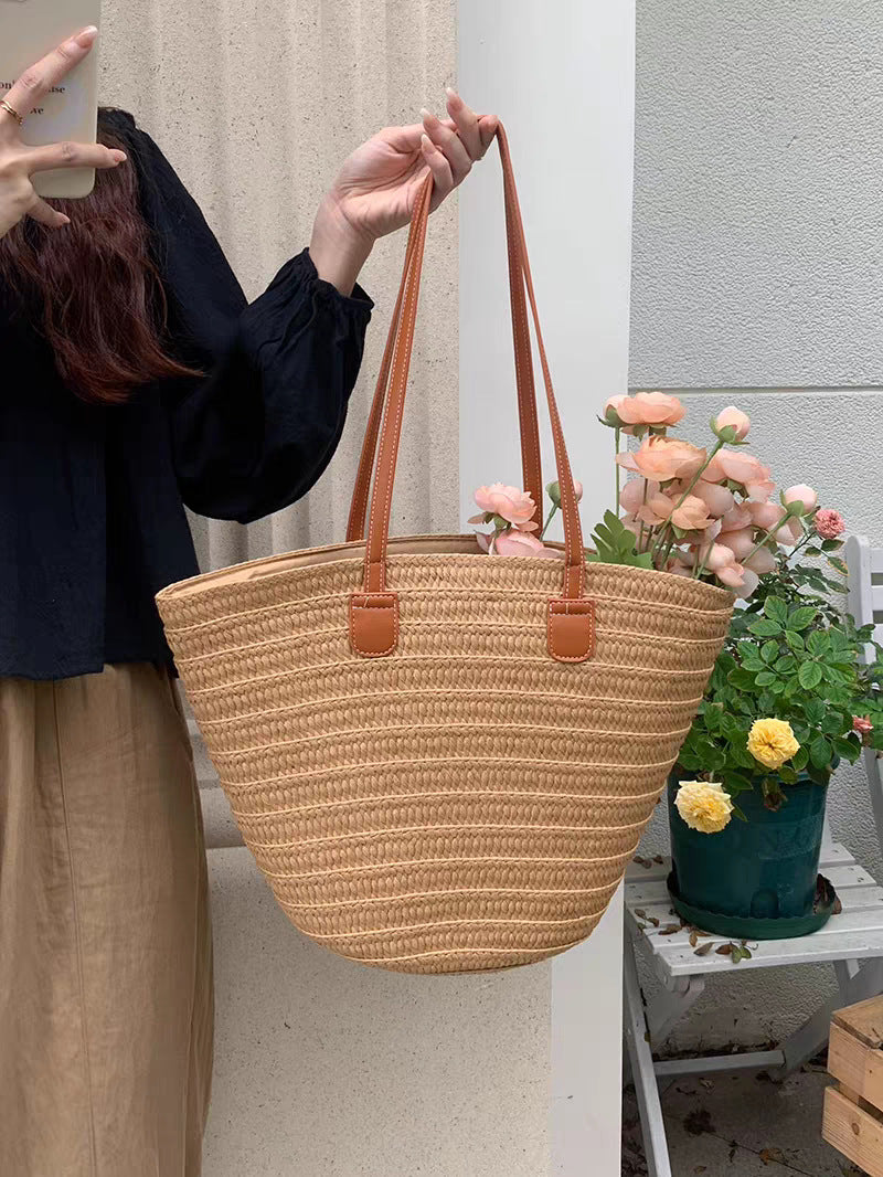 FLOWERSVERSE  Straw Bag Women's Summer Seaside Tote Bag Large Capacity Woven Shoulder Bag Rattan Woven Straw Bag Vegetable Basket Bucket Bag Fashion