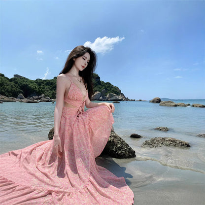 2025 Dopamine  Pink Floral Halter Suspender Dress Super Fairy Premium Sense Trailing Chiffon Beach Dress