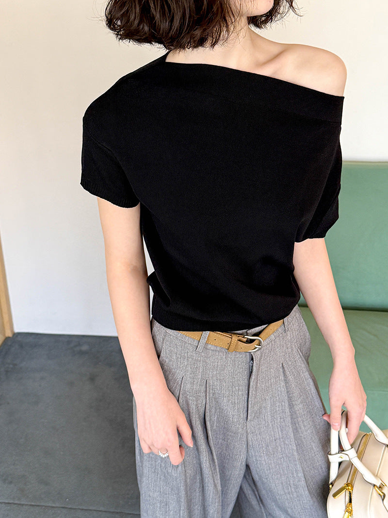 2025  Spring New Korean Loose Lazy Slack One-word Shoulder Slash Shoulder Top Knitted Sweater Women 166