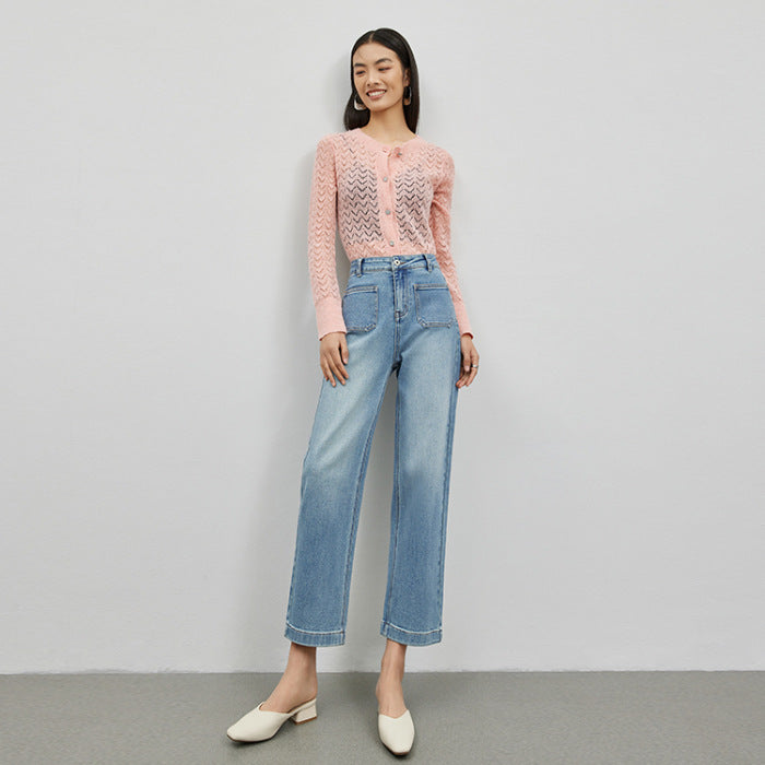 2025 Spring and summer high-quality Xinjiang plush micro-elastic double bag personalized design nine-point straight pants women's elastic denim