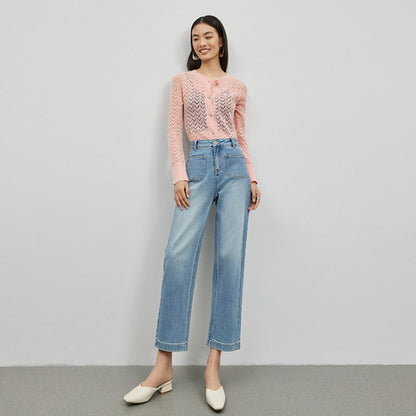 2025 Spring and summer high-quality Xinjiang plush micro-elastic double bag personalized design nine-point straight pants women's elastic denim