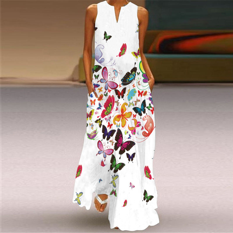 2024  European and American New Women's Vintage Printed Long Dress V-neck Sleeveless Pocket Summer Sexy Dress