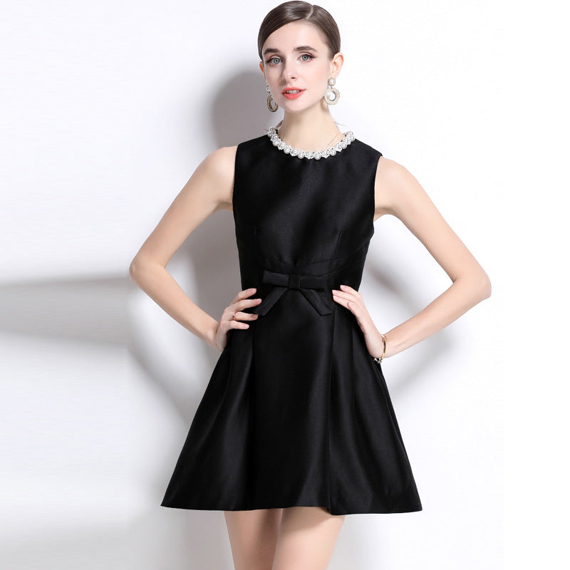 summer new  daughter gold wind pearl collar sleeveless dress women's high-end waist temperament small gift dress