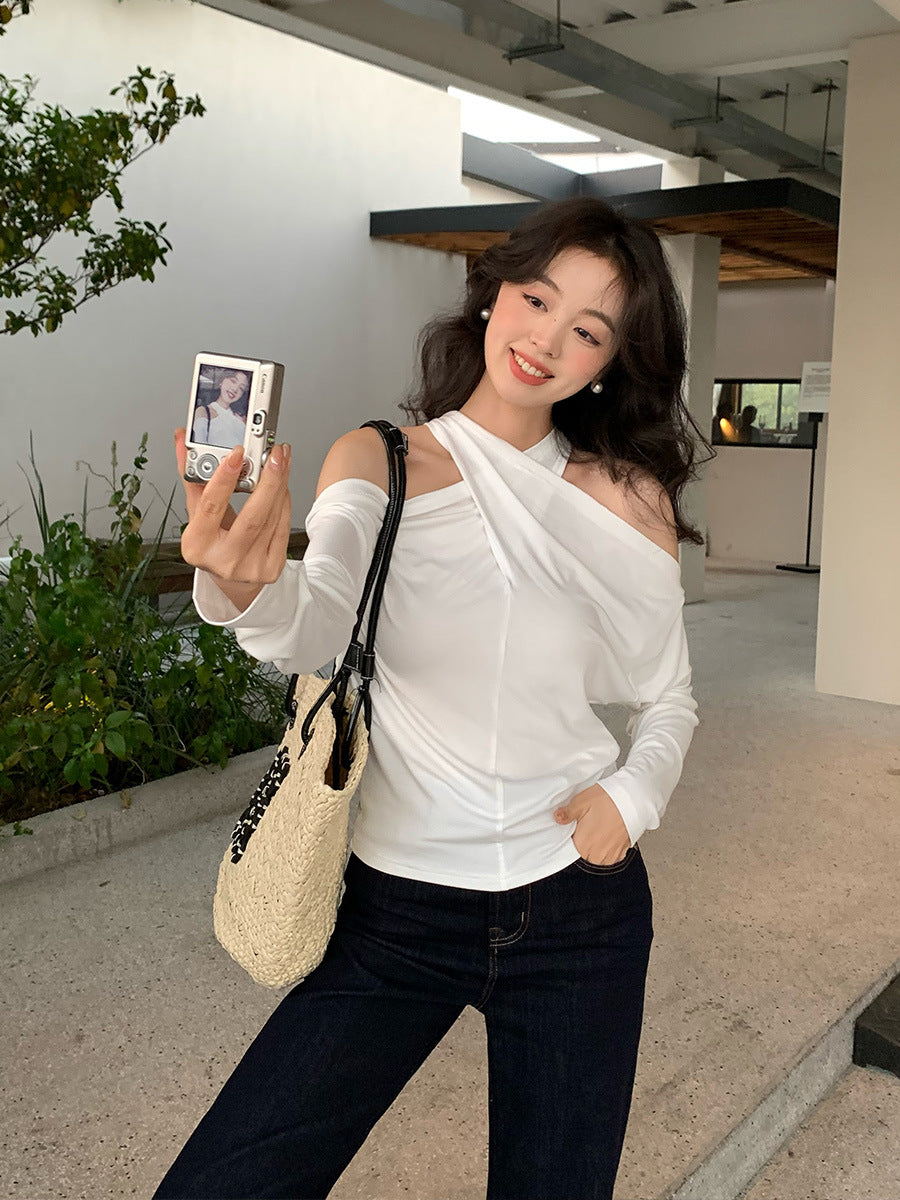 2025 spring new  romantic cross-neck long-sleeved shirt women's bottoming shirt 89295