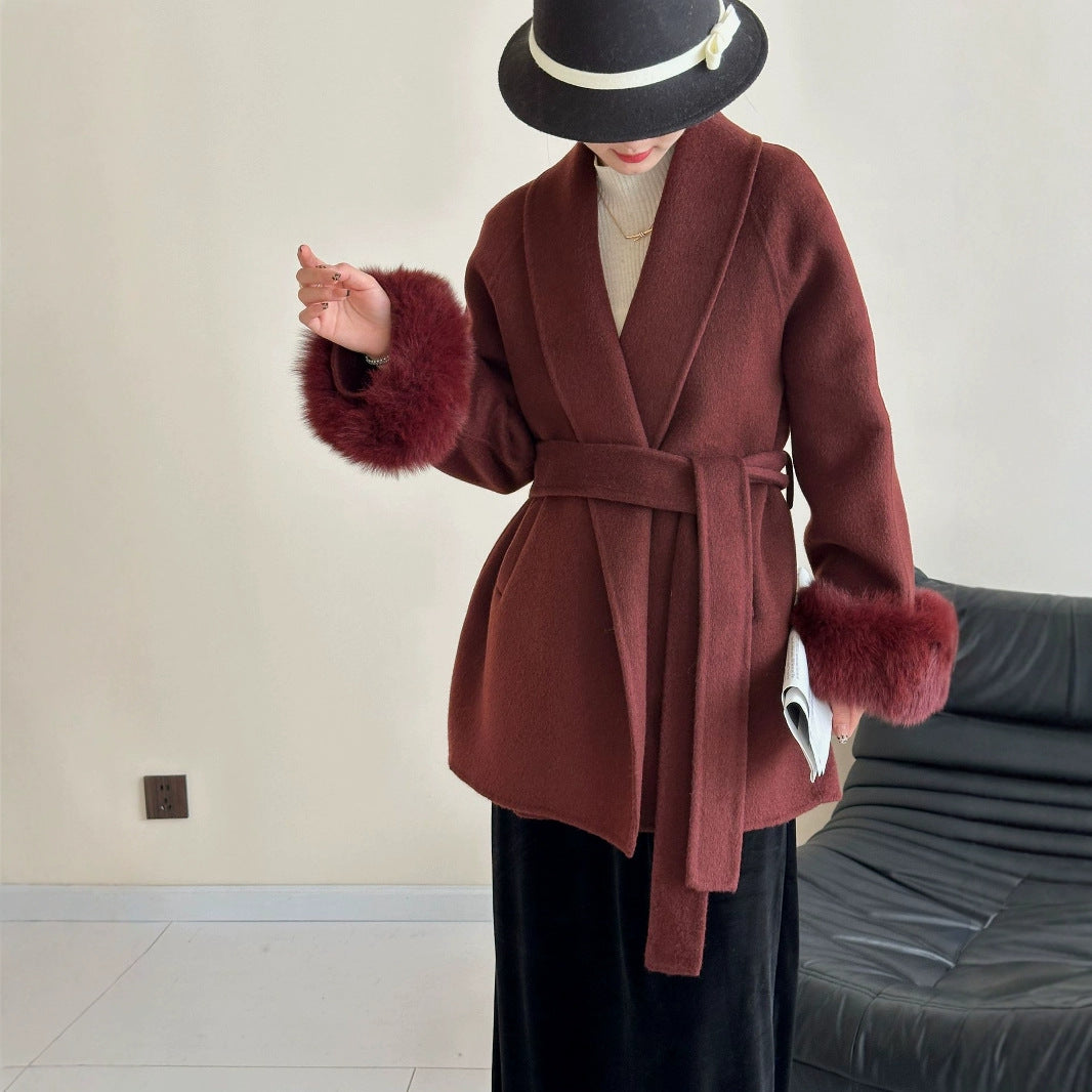 2025 Fox fur shoulder sleeves lapel cuffs removable double-sided wool coat medium and long lace-up woolen jacket autumn and winter