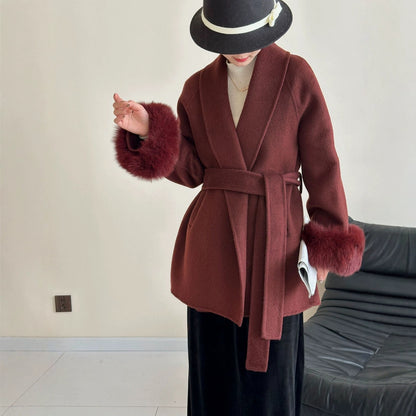 2025 Fox fur shoulder sleeves lapel cuffs removable double-sided wool coat medium and long lace-up woolen jacket autumn and winter