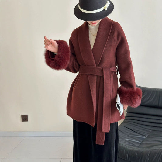 2025 Fox fur shoulder sleeves lapel cuffs removable double-sided wool coat medium and long lace-up woolen jacket autumn and winter