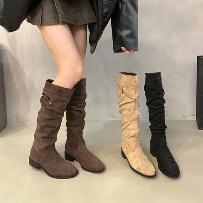 2025  Heel Pile Boots Retro Suede Black Long Women's Boots Western Boots Autumn and Winter Fleece Warm Boots Knight Boots