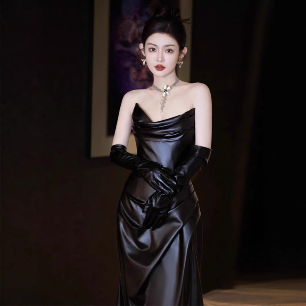 2025 Evening dress  new black leather skirt high-end light luxury niche wedding morning gown female bride toast dress spring