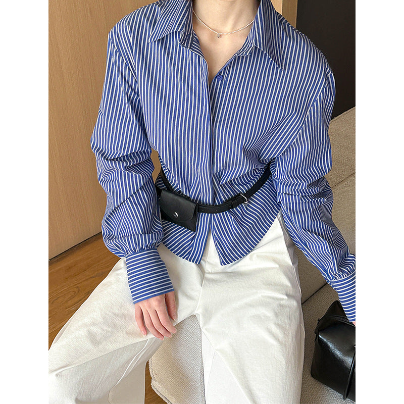 2025  Spring New Korean Version Striped Front Shoulder Lapel Design Sense Casual Versatile Shirt Women's Top 5815