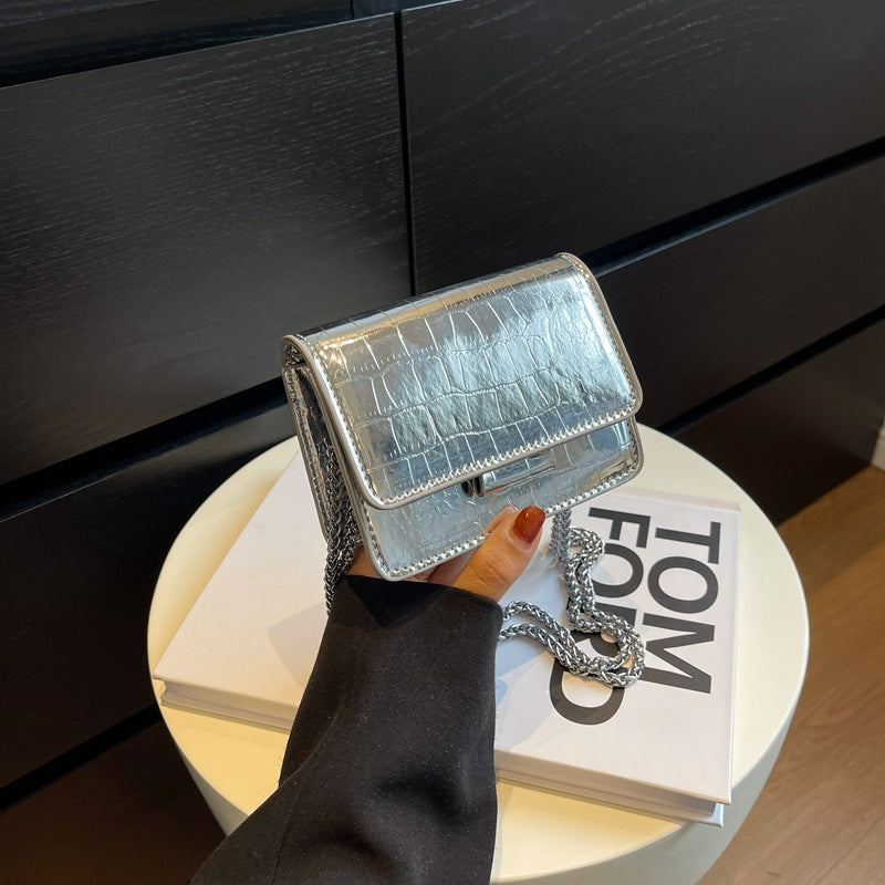 FLOWERSVERSE 2025 Small bag women's new silver glossy mini square bag crocodile pattern embossed chain messenger bag air cushion mouth red envelope