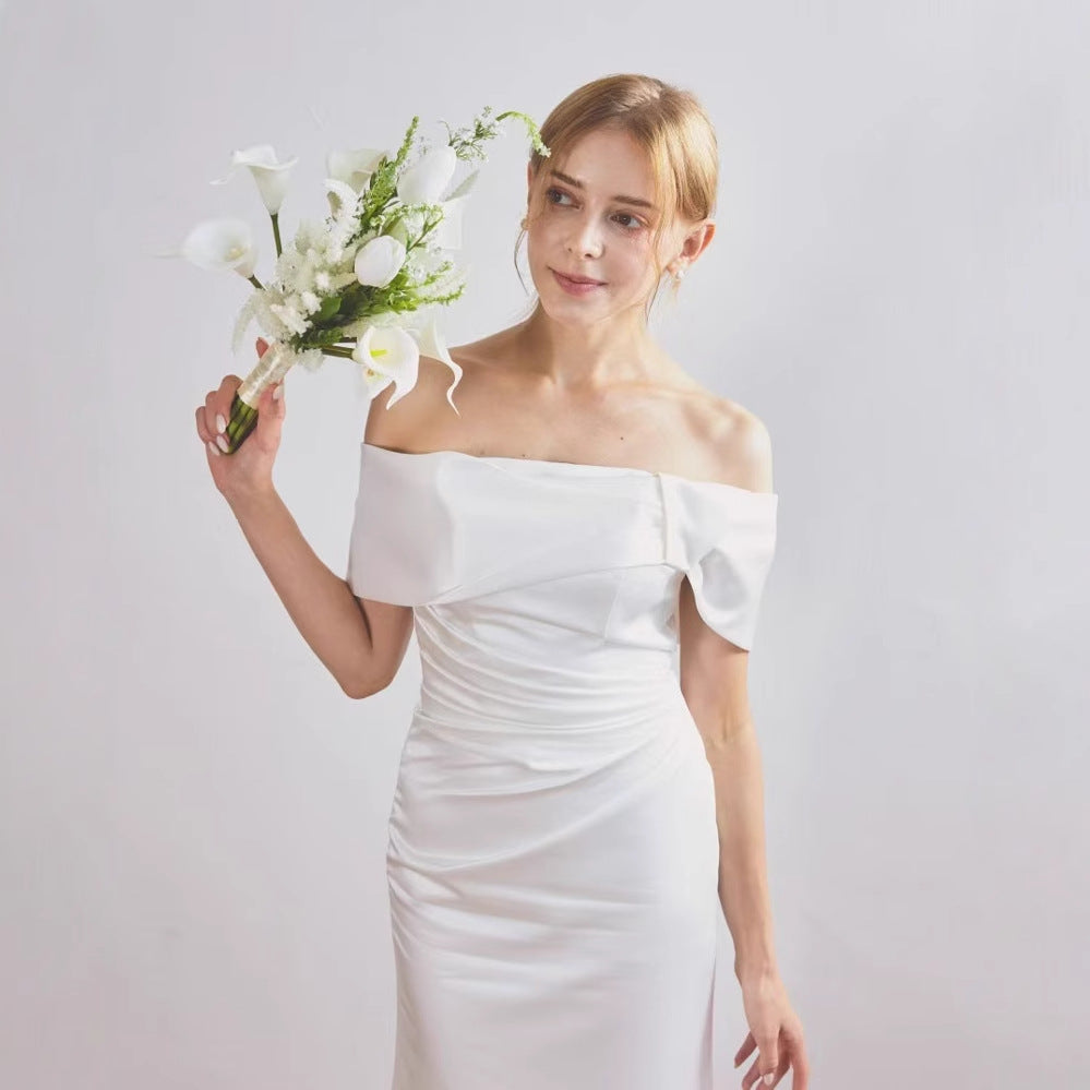 2025 travel photography light wedding dress bride simple temperament satin one-word shoulder fishtail going out yarn white location dress skirt