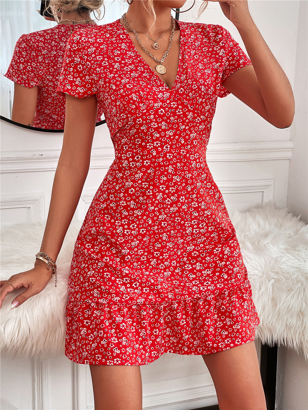 New Summer Hot Sale European and American Sexy Deep V-neck Dotted Floral Elegant Graceful Dress Female