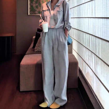 2025 Korean high-end relaxation wear, blue shirt, trousers, linen suit, women's clothing  spring match, a complete set