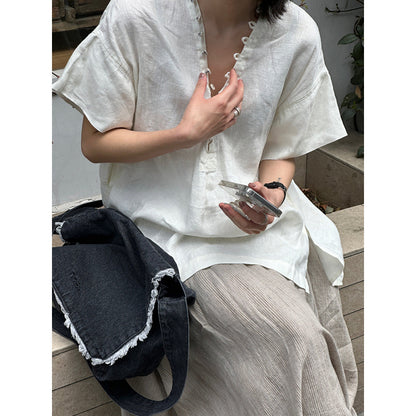 Temperament V-neck linen short-sleeved shirt  summer new simple white design hollow versatile top women
