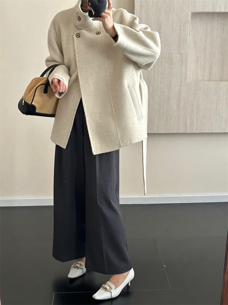 2025 Stand-up collar lace-up shoulder sleeves solid color wool double-sided cashmere coat woolen jacket versatile autumn and winter casual versatile