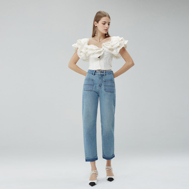 2025 Spring new Xinjiang long-staple cotton, anti-wrinkle roll-edge women's jeans, high waist and thin nine-point pants for women