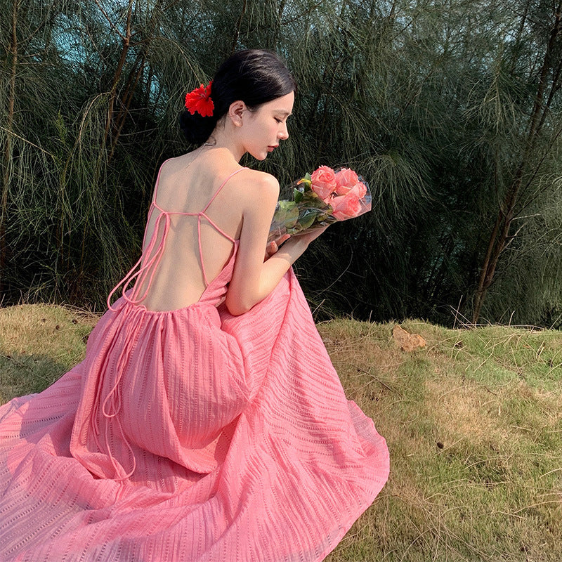 2025 Pink Premium Sexy Halter Suspender Dress Female Summer Fairy Temperament Seaside Vacation Princess Long Skirt