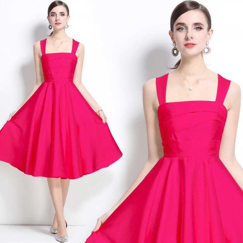 dress retro square neck satin suspender slim graduation birthday engagement light dress dress women