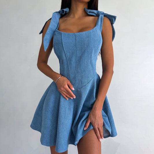 style high-end autumn and winter dress blue fishbone waist sexy hot girl denim vest skirt autumn and winter New