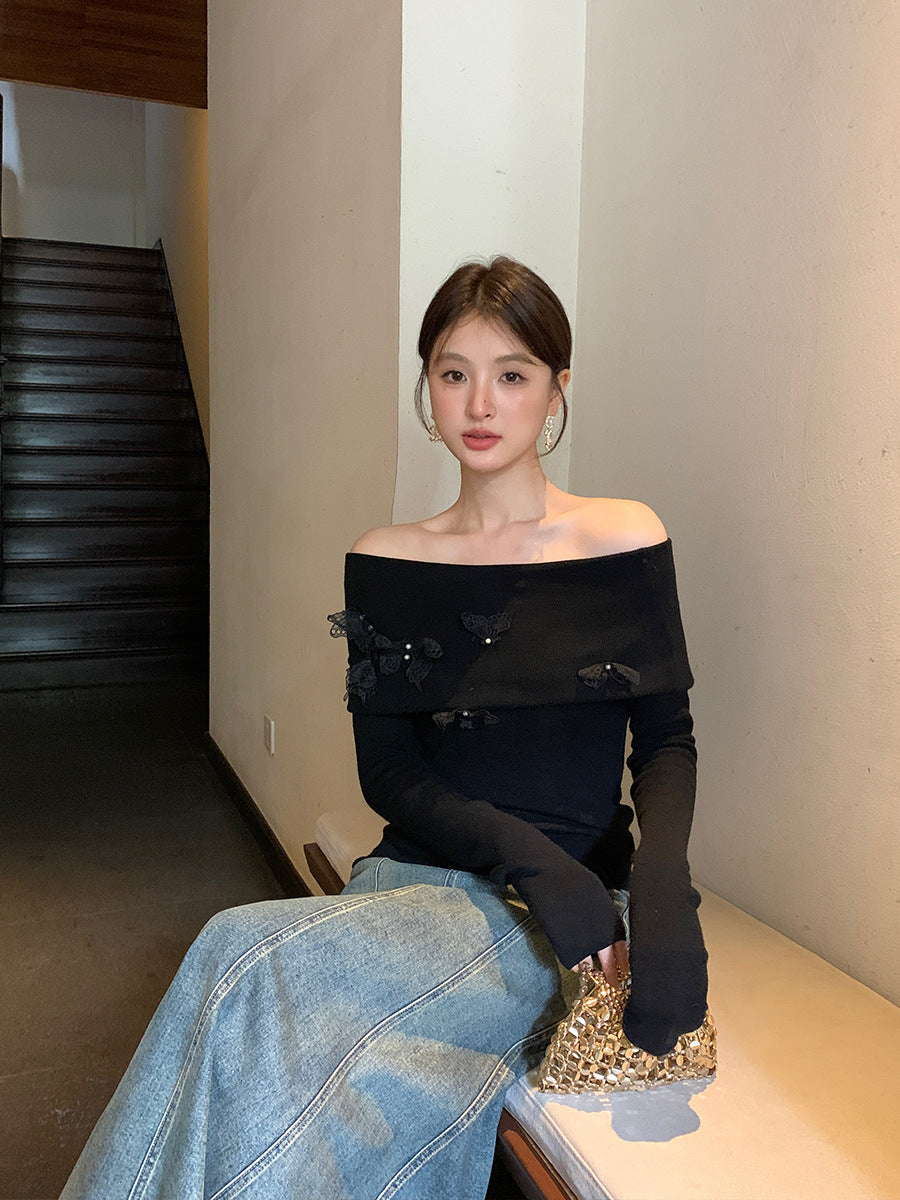 2025 popular autumn new temperament one-word collar versatile bottoming shirt long-sleeved knitted sweater women's top 25020