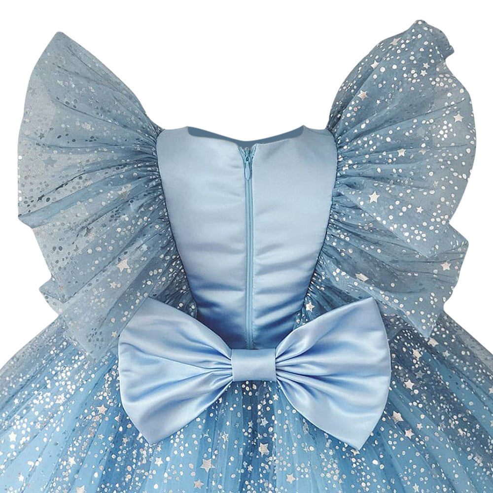 flowersverse European and American Girls Dress Children Bow Flying Sleeves Princess Dress Children's Mesh Bubble Skirt