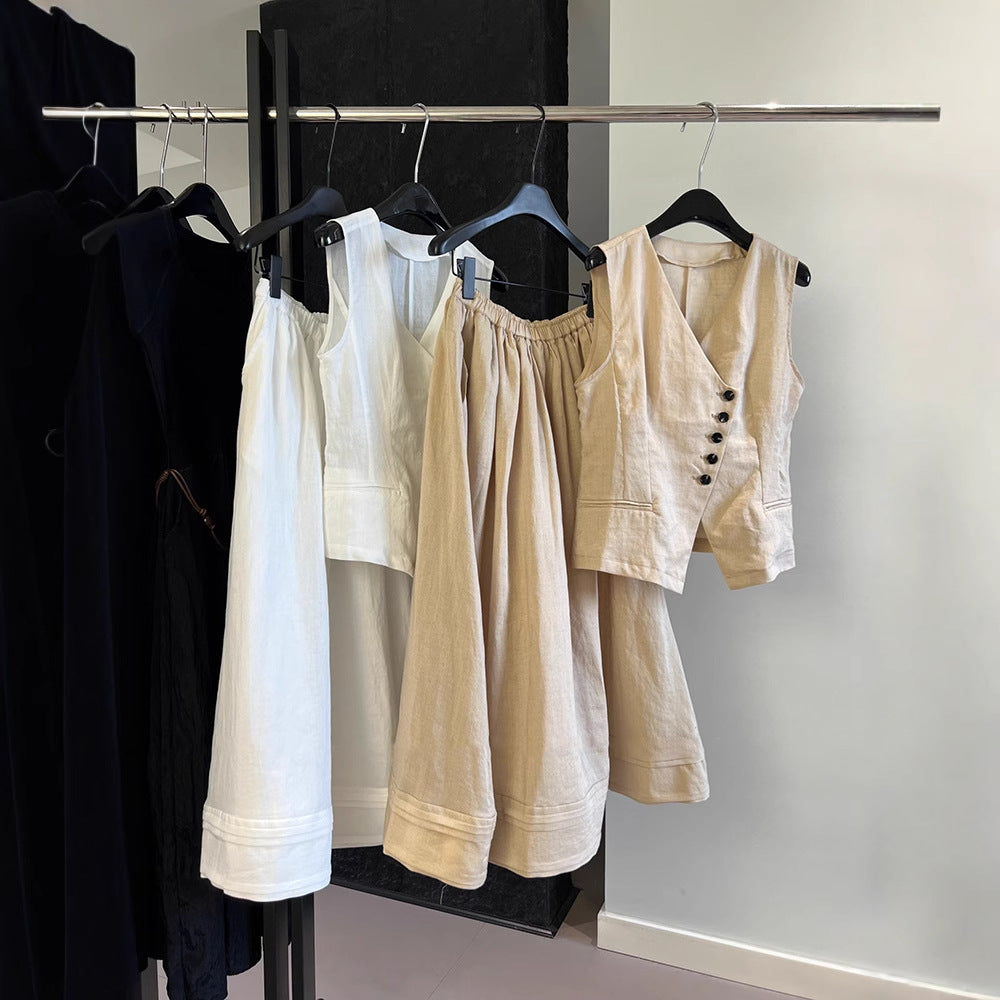 2025 spring and summer designer minimalist old money style suit, linen V-neck vest vest + elastic pendulum skirt